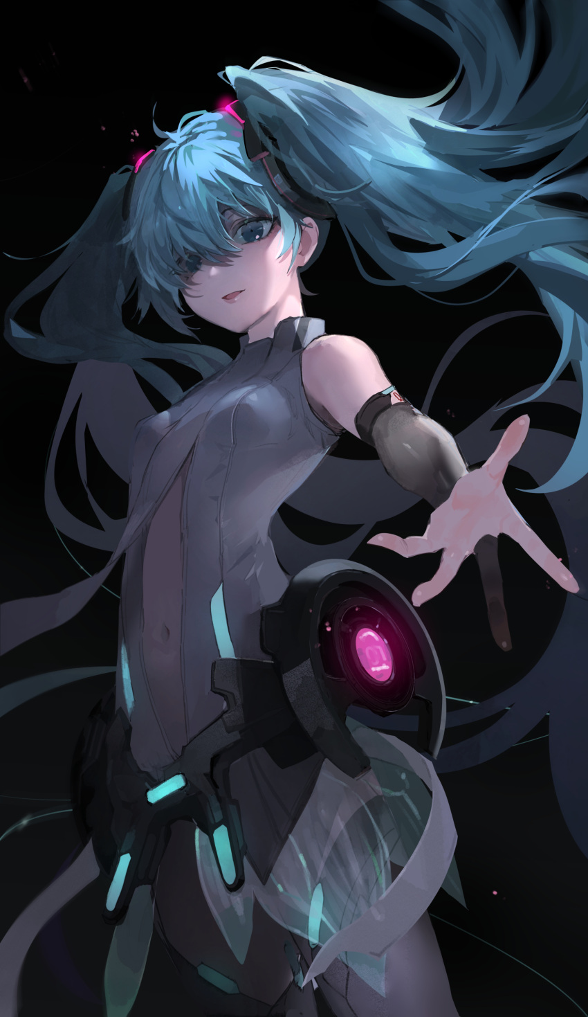 1girl absurdres aqua_eyes aqua_hair black_background breasts commentary cowboy_shot elbow_gloves gloves grey_thighhighs hatsune_miku hatsune_miku_(append) highres hip_gear long_hair looking_at_viewer looking_down navel parted_lips reaching reaching_towards_viewer saz8720 shirt sleeveless sleeveless_shirt small_breasts solo standing thighhighs twintails very_long_hair vocaloid vocaloid_append white_shirt