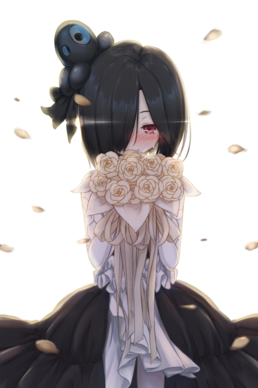 1girl absurdres black_dress black_hair black_surge_night blush bouquet commentary_request crying crying_with_eyes_open dress falling_petals flower frilled_dress frills hair_over_one_eye highres holding holding_bouquet luetzow_(black_surge_night) medium_hair octopus_hair_ornament official_alternate_costume pale_skin petals red_eyes rose soanote tears white_background white_flower white_rose