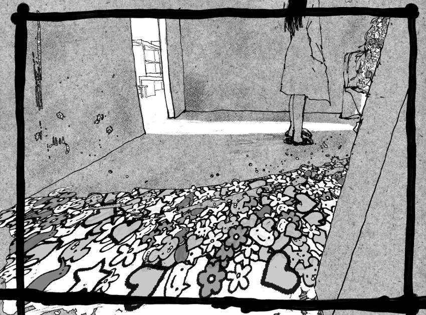 1girl 1other blood border censored commentary_request crack_of_light dark_room flower_(symbol) greyscale hallway hand_in_pocket head_out_of_frame heart indoors kagaku_chop long_hair long_sleeves monochrome nagakura_ren novelty_censor out_of_frame outside_border payama pool_of_blood rabbit_symbol slippers standing transparent_border wide_shot