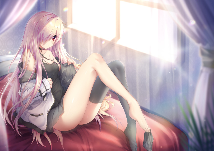 1girl 9-nine- amatsuji bare_shoulders breasts cleavage collarbone curtains hair_over_one_eye highres indoors jacket long_hair long_sleeves looking_at_viewer off_shoulder open_clothes pink_hair red_eyes single_sock single_thighhigh sitting skirt socks solo sunlight thighhighs undressing very_long_hair window