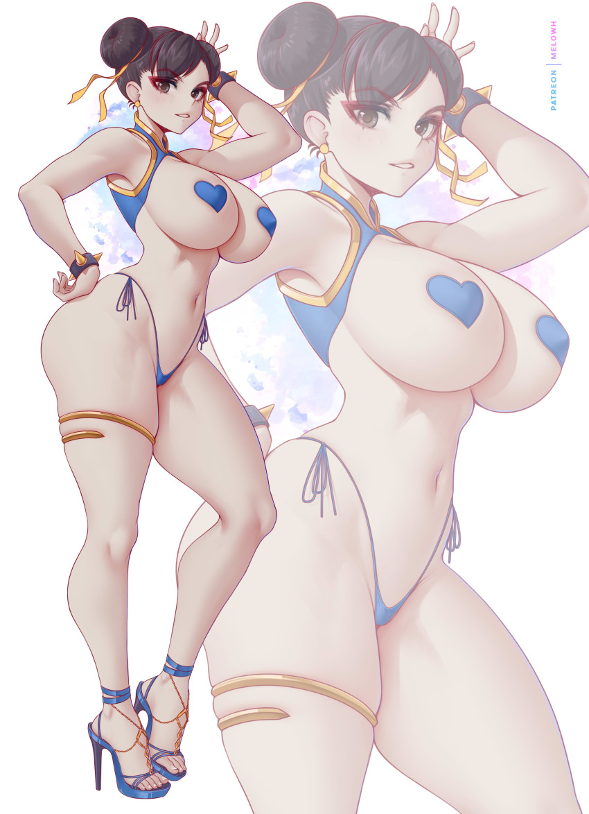 1girl absurdres artist_name ass bikini bracelet breasts brown_eyes brown_hair chun-li double_bun earrings hair_bun heart_pasties highleg highleg_bikini highres jewelry large_breasts looking_at_viewer melowh navel pasties patreon_username short_hair simple_background solo spiked_bracelet spikes stomach street_fighter swimsuit thick_thighs thighs thong white_background