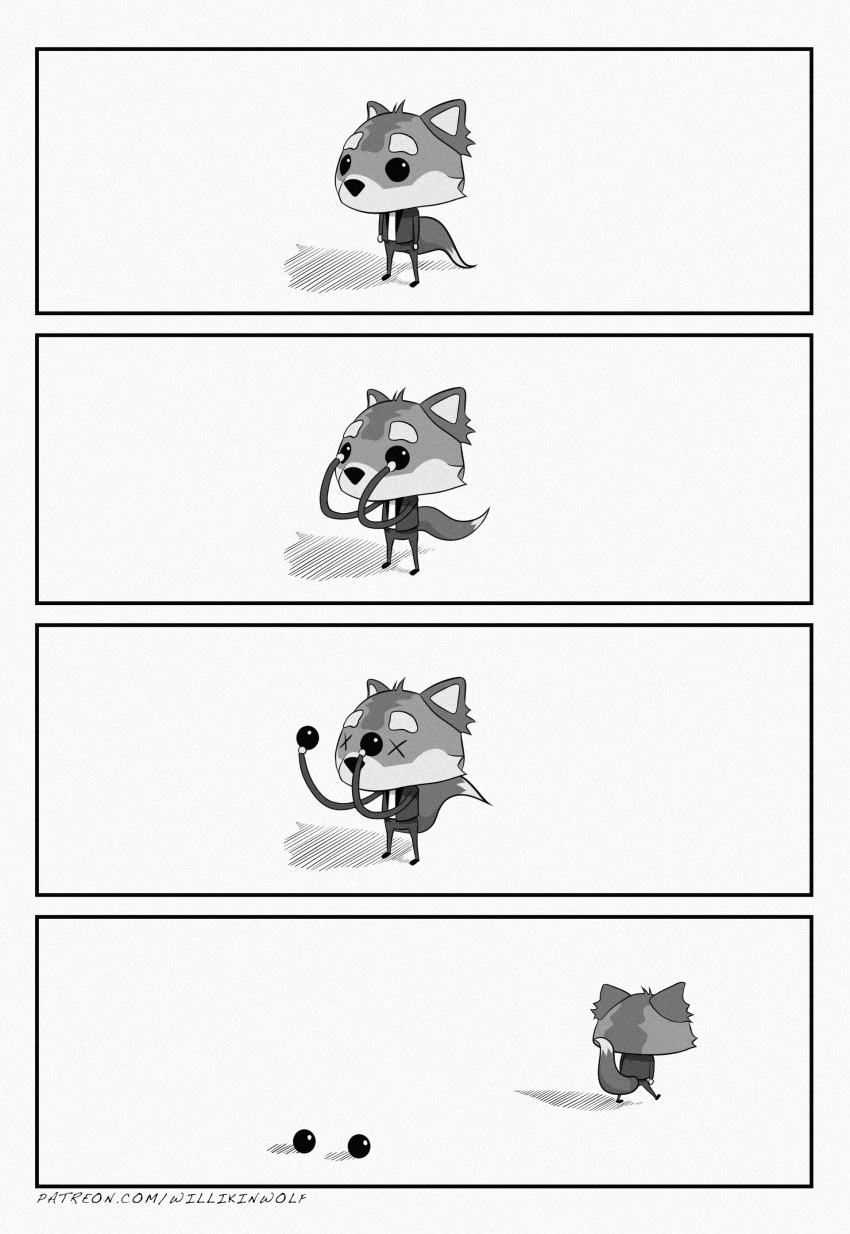 2019 4_panel_comic absurd_res anthro biped bottomwear canid canine cheek_tuft circle_eyebrows clothed clothing comic digital_drawing_(artwork) digital_media_(artwork) dipstick_tail dot_eyes eyebrows facial_tuft fox fully_clothed hatching_(art) hi_res humor jacket male mammal markings monochrome mouthless noodle_arms pants reaction_image shaded shadow simple_background solo standing tail tail_markings text tiny_feet toony topwear tuft url walking_away willikinwolf x_eyes