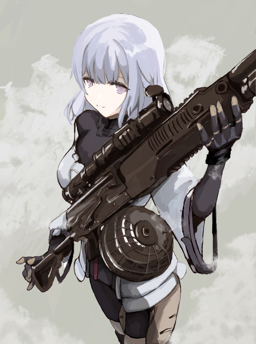 1girl absurdres arm_up black_gloves black_pantyhose black_shirt black_shorts closed_mouth commentary_request elbow_gloves girls'_frontline gloves grey_background grey_eyes grey_hair gun highres jacket light_machine_gun long_hair long_sleeves name_connection nisoichi object_namesake off-shoulder_jacket off_shoulder pantyhose pantyhose_under_shorts rpk-16 rpk-16_(girls'_frontline) scope shirt short_shorts shorts simple_background smile solo standing weapon white_jacket wide_sleeves
