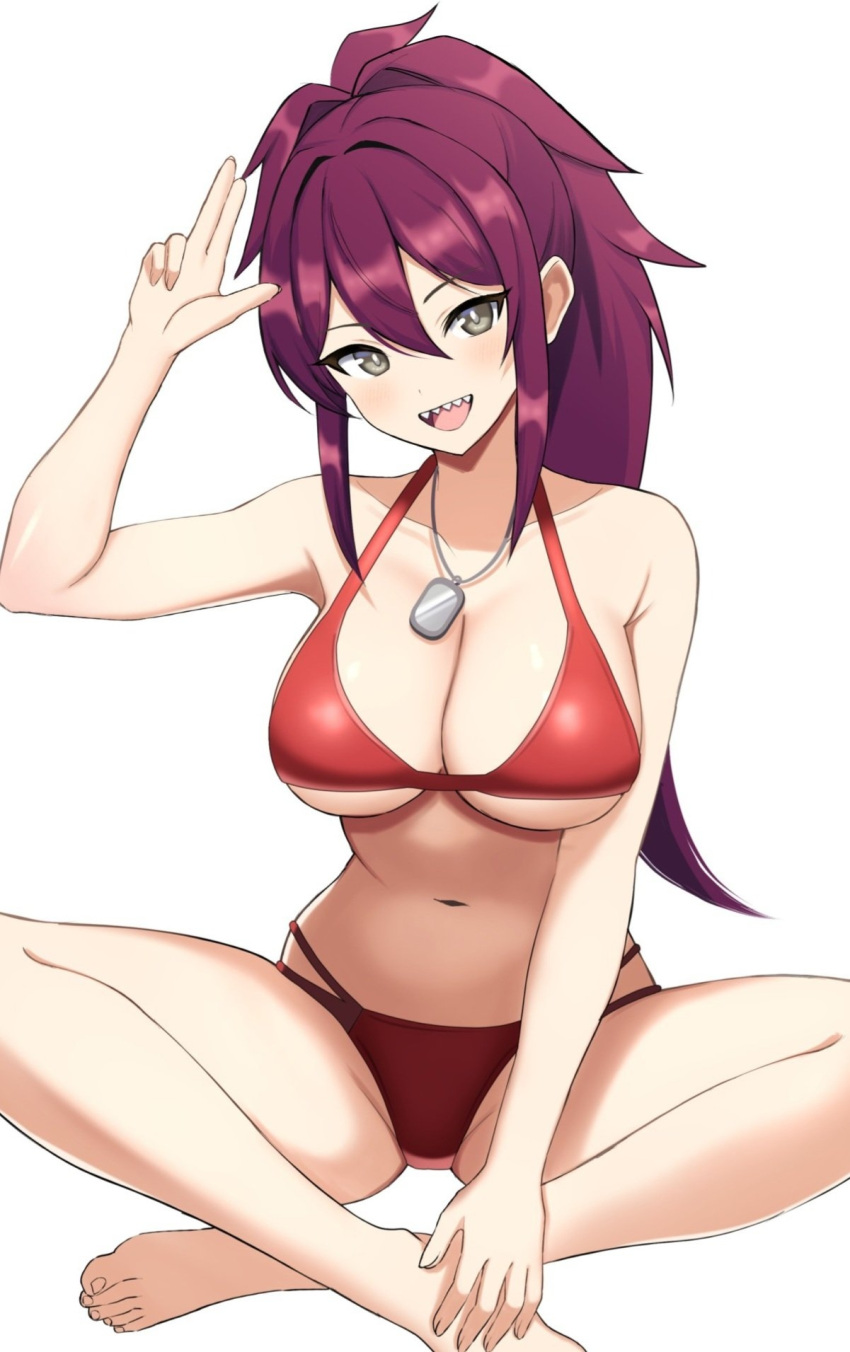 1girl :d arm_up armpit_crease bare_arms bare_legs bare_shoulders barefoot bikini breasts cleavage collarbone commentary dolphin_wave grey_eyes groin hair_between_eyes halterneck hand_on_own_foot head_tilt high_ponytail highres indian_style jewelry knees_out_of_frame kurenashi_yuuri large_breasts light_blush long_hair looking_at_viewer multi-strapped_bikini multi-strapped_bikini_bottom navel necklace open_mouth pendant ponytail purple_hair red_bikini salute sharp_teeth sidelocks simple_background sitting smile solo stomach surippa1010 swimsuit teeth two-finger_salute white_background