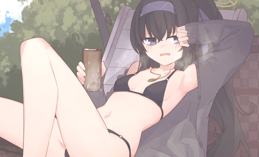 1girl bikini black_bikini black_coat black_hair blue_archive blue_hairband blush breasts can coat crossed_bangs hair_between_eyes hairband halo highres holding holding_can jewelry knees_up long_hair long_sleeves looking_at_viewer lying lyrinne navel on_back parted_lips pendant ponytail sleeves_past_wrists small_breasts solo swimsuit ui_(blue_archive) ui_(swimsuit)_(blue_archive) yellow_halo