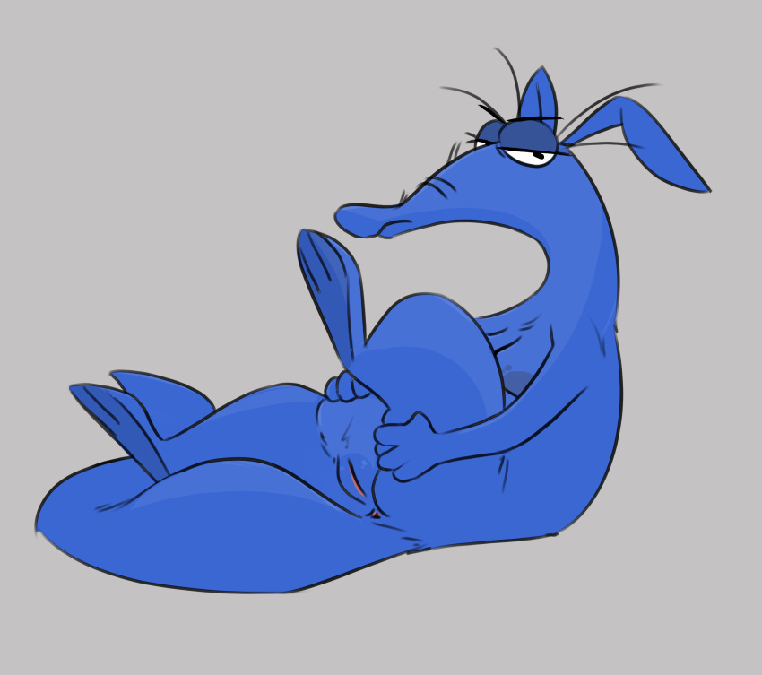 2023 aardvark angry anthro anus blue_body breasts crossgender female genitals grey_background half-closed_eyes hi_res honeymono looking_at_viewer mammal narrowed_eyes nude one_leg_up pussy raised_leg simple_background sitting solo the_ant_and_the_aardvark