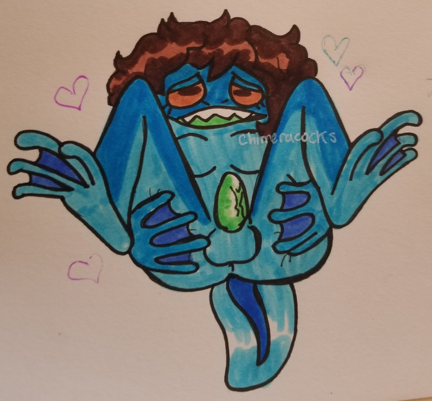 amphibian anne_boonchuy anthro blue_body butt chimeracocks female frog genitals hand_on_butt hearts_around_body hi_res membrane_(anatomy) penis presenting presenting_hindquarters small_penis solo webbed_feet young