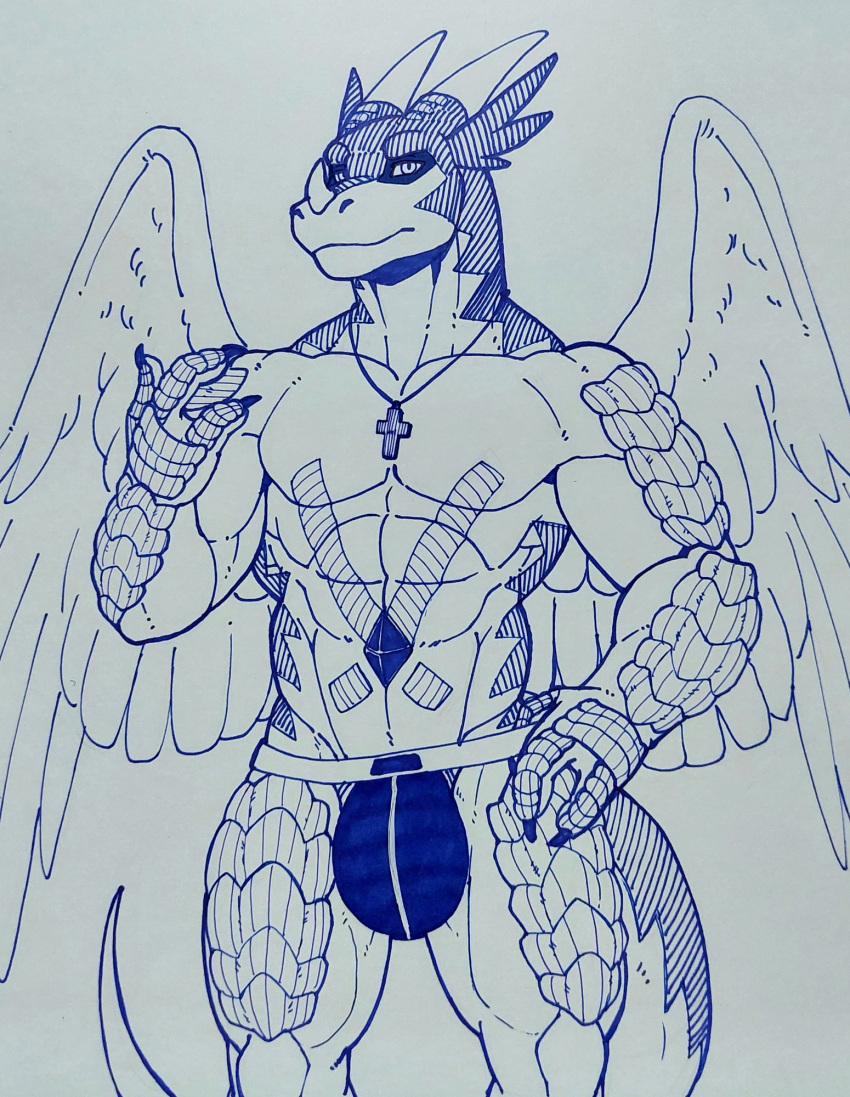 3_fingers bulge claws clothed clothing drackonthanri dragon feathered_wings feathers fingers hi_res horn jockstrap muscular nameless00 topless underwear wings