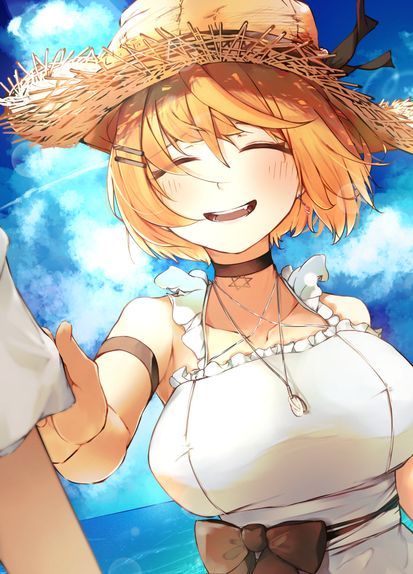 1girl 1other absurdres alternate_costume black_choker blonde_hair blue_sky breasts choker closed_eyes clothes_grab commentary dress fangs hair_ornament hairclip hat hexagram highres hololive impossible_clothes impossible_dress large_breasts ocean open_mouth pendant_choker sash short_hair sky sleeve_grab solo_focus straw_hat sun_hat sundress taut_clothes taut_dress virtual_youtuber white_dress yozora_mel yukirei
