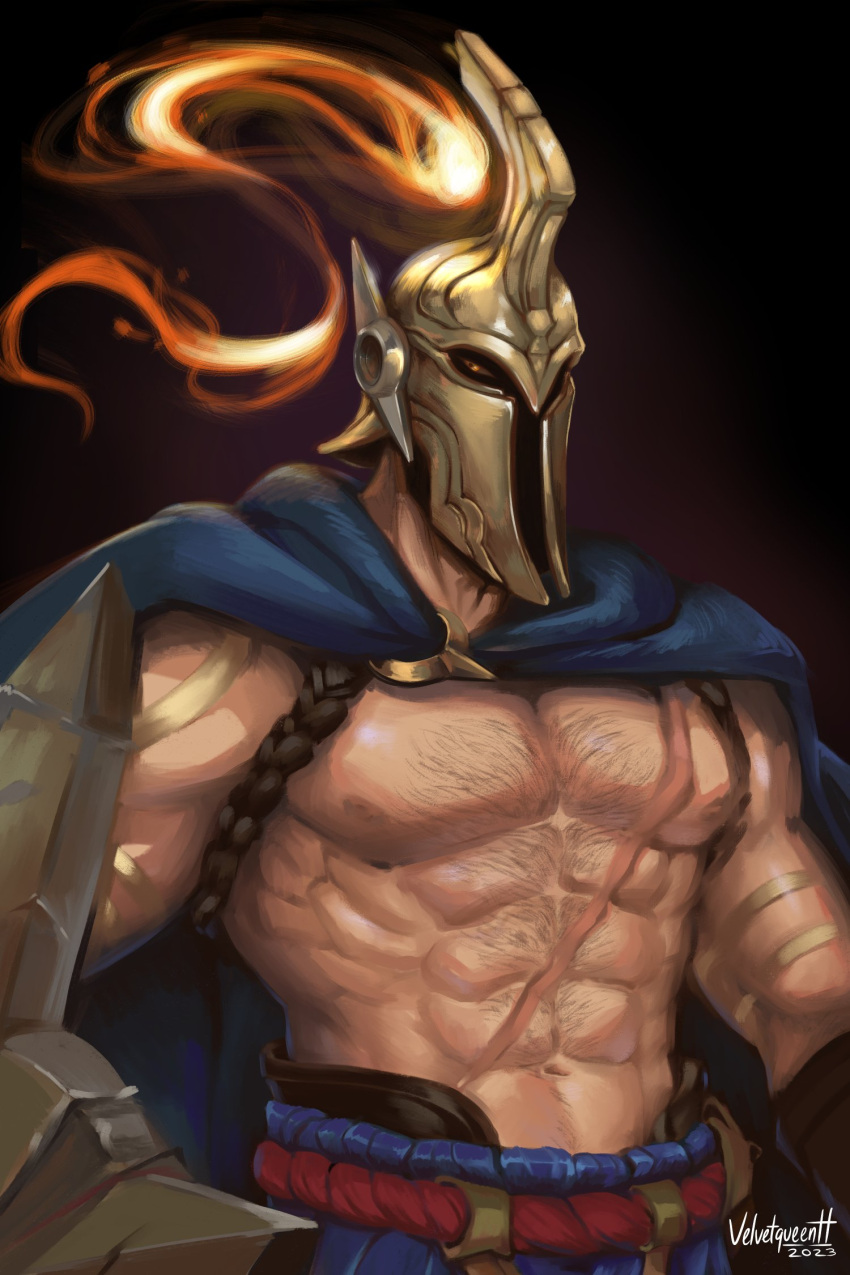 1boy abs artist_name belt black_background cape covered_face feet_out_of_frame fire hairy helmet highres large_pectorals league_of_legends looking_at_viewer male_focus manly mature_male muscular muscular_male nipples no_shirt pantheon_(league_of_legends) pectorals red_eyes scar shield signature simple_background skirt solo tattoo velvet_queen_h