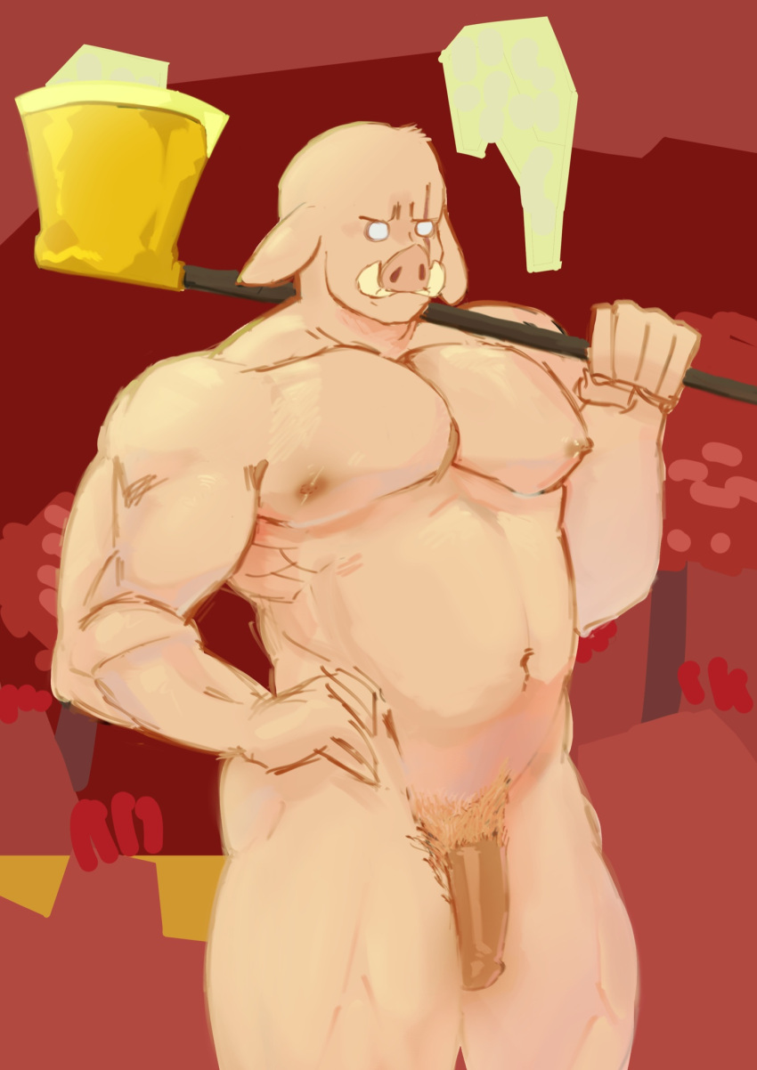 anthro axe biceps fangs genitals hi_res male mammal microsoft minecraft mojang muscular muscular_anthro muscular_male netherlands nipples nude pecs penis pigeonpantonium piglin solo suina teeth xbox_game_studios