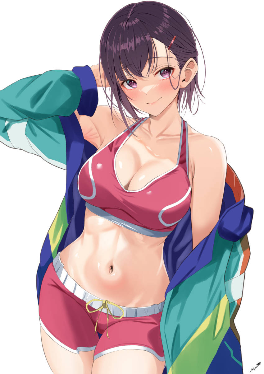 1girl absurdres asymmetrical_bangs asymmetrical_hair blue_jacket closed_mouth collarbone contrapposto green_jacket hair_behind_ear hand_in_own_hair highres jacket lolipop_(nmaf4445) long_sleeves looking_at_viewer mikazuki_shizuka multicolored_clothes multicolored_jacket navel off_shoulder pink_eyes pink_shorts pink_sports_bra purple_hair red_jacket short_hair shorts smile solo sports_bra white_background yellow_jacket zom_100:_zombie_ni_naru_made_ni_shitai_100_no_koto