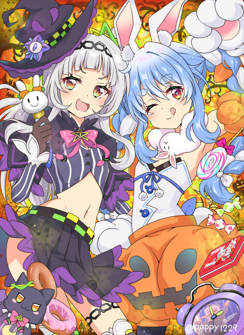 2girls animal_ear_fluff animal_ears animal_hands arched_bangs black_gloves black_leotard black_skirt blue_hair breasts carrot_hair_ornament closed_mouth cropped_shirt don-chan_(usada_pekora) food-themed_hair_ornament gloves grey_hair grey_shirt hair_bun hair_ornament hand_on_own_hip hat head_chain highres hololive leotard leotard_under_clothes looking_at_viewer masako_(sabotage-mode) multicolored_hair multiple_girls murasaki_shion murasaki_shion_(1st_costume) navel one_eye_closed open_mouth orange_eyes pumpkin_skirt purple_headwear rabbit-shaped_pupils rabbit_ears rabbit_girl rabbit_tail shiokko_(murasaki_shion) shirt short_eyebrows sidelocks single_hair_bun skirt small_breasts smile striped striped_shirt symbol-shaped_pupils tail tongue tongue_out twintails two-tone_hair usada_pekora usada_pekora_(1st_costume) vertical-striped_shirt vertical_stripes virtual_youtuber white_hair witch_hat