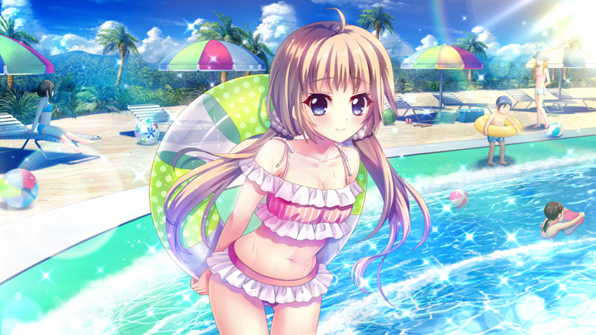 1boy 4girls ahoge arms_behind_back ball bare_shoulders beach_umbrella beachball bikini black_hair blue_bikini blue_eyes blue_sky blue_swim_trunks breasts brown_hair cleavage collarbone day dot_nose film_grain frilled_bikini frills game_cg goggles goggles_on_head green_innertube hair_ornament hair_scrunchie hat innertube itsumura_haruka izumi_tsubasu kickboard leaning_forward lens_flare light_brown_hair looking_at_viewer low_ponytail low_twintails medium_breasts multicolored_umbrella multiple_girls non-web_source official_art outdoors palm_tree pink_bikini polka_dot_innertube poolside rainbow re:stage! scrunchie sky smile spaghetti_strap sparkle striped striped_bikini swimming swimsuit tree twintails umbrella wet white_headwear yellow_innertube