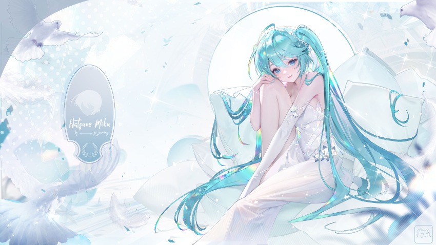 1girl absurdres aqua_hair bird blue_eyes blue_nails dress fake_nails feathers hand_on_own_knee hatsune_miku highres jie_xiaoming knee_up leaning_forward long_hair looking_at_viewer miku_symphony_(vocaloid) pillow sitting strapless strapless_dress twintails vocaloid white_dress