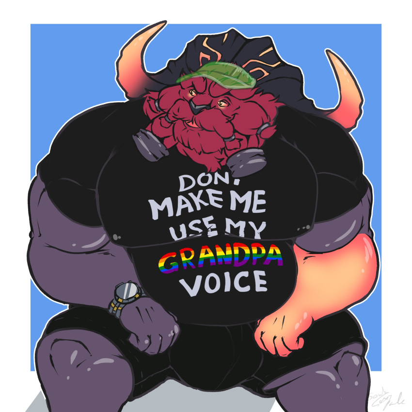 &gt;:( &gt;:p 2_horns 5_fingers absurd_res anthro armwear belly big_horn black_body black_bottomwear black_clothing black_eyes black_horn black_shirt black_shorts black_skin black_topwear blep blue_background bottomwear bovid bovid_horn broad_shoulders bulge burly caprine caprine_horn clock closed_frown clothed clothing curled_horn dark_body dark_bottomwear dark_horn dark_shorts dark_skin demigod eyebrows fingers fur furrowed_brow geometric_background glistening glistening_hands glistening_legs glistening_nipples glowing glowing_eyes green_clothing green_hat green_headwear grumpy hand_on_knee hand_on_leg hands_on_knees hands_on_legs hat headgear headwear hi_res horn horn_markings league_of_legends lgbt_pride looking_away male mammal manly markings mature_anthro mature_male monotone_body monotone_bottomwear monotone_clothing monotone_fur monotone_shirt monotone_shorts monotone_skin monotone_topwear moobs multicolored_horn musclegut muscular muscular_anthro muscular_arms muscular_male nipple_outline nipples ornn_(lol) overweight overweight_male pecs pride_colors pupils rainbow_pride_colors rainbow_text ram_horn red_body red_eyebrows red_fur red_horn red_pupils red_sclera riot_games sharp_horn shirt shorts simple_background solo soulasexypanda standing stocky t-shirt text thick_eyebrows tight_clothing tongue tongue_out tongue_showing topwear two_tone_hands two_tone_horn watch white_background white_text wristwatch