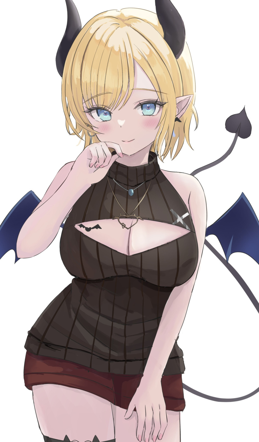1girl absurdres bat_tattoo black_sweater blonde_hair blush breast_tattoo breasts cleavage cleavage_cutout clothing_cutout dangle_earrings demon_girl demon_horns demon_tail demon_wings earrings heart heart_earrings heart_necklace heart_tattoo highres hololive hoop_earrings horns jewelry large_breasts looking_at_viewer mismatched_earrings necklace pointy_ears red_shorts ribbed_sweater short_hair shorts sleeveless sleeveless_sweater solo sweater tail tamamorh tattoo turtleneck turtleneck_sweater virtual_youtuber wings yuzuki_choco yuzuki_choco_(6th_costume)