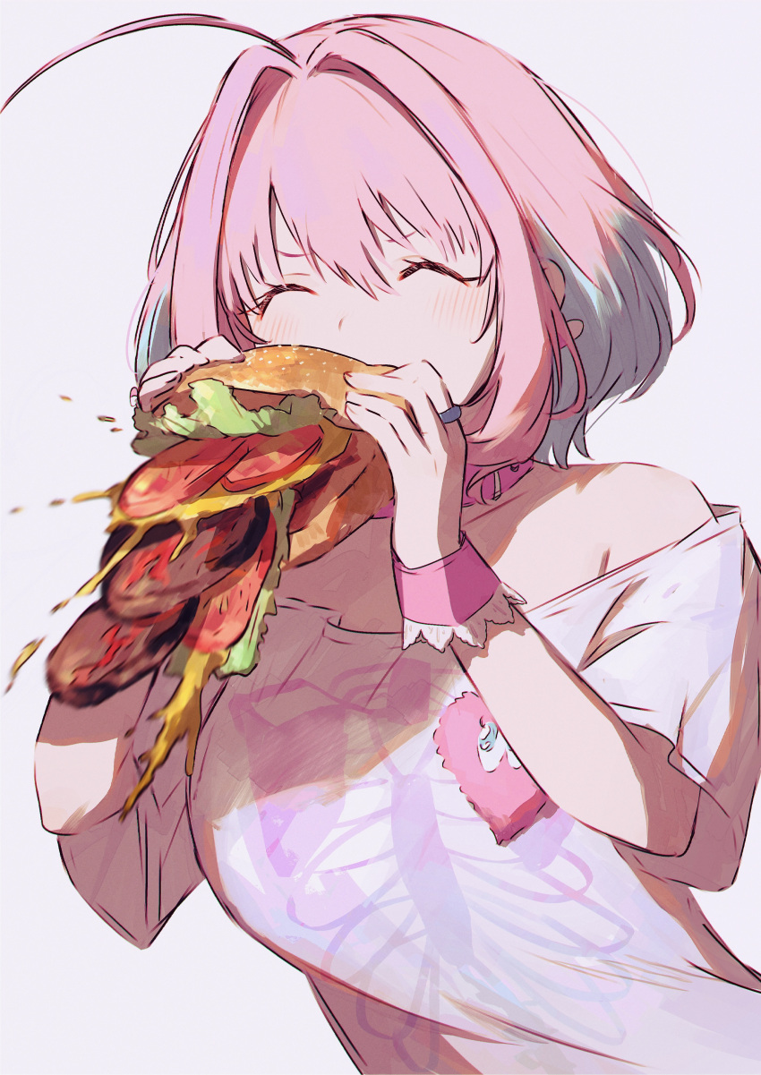 1girl ^_^ absurdres ahoge bare_shoulders blue_hair breasts burger burger_malfunction closed_eyes collar commentary_request earrings eating failure food grey_background hair_between_eyes hair_intakes hamachamu hands_up highres holding holding_food idolmaster idolmaster_cinderella_girls jewelry ketchup large_breasts lettuce meat motion_blur multicolored_hair mustard pill_earrings pink_hair ring shirt short_hair short_sleeves simple_background skeleton_print solo tomato tomato_slice truth two-tone_hair upper_body white_shirt yumemi_riamu