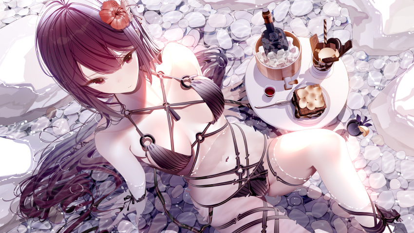 1girl atha_(leejuiping) bare_shoulders bikini bottle breasts chocolate closed_mouth collarbone cup flower food fork fruit hair_flower hair_ornament highres knife lemon lemon_slice long_hair looking_at_viewer navel original partially_submerged pebble plate purple_hair red_flower revealing_clothes small_breasts solo swimsuit toast very_long_hair wine_bottle