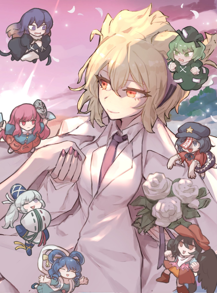 alternate_costume blonde_hair chibi dress_shirt flower formal hata_no_kokoro highres hijiri_byakuren kaku_seiga kurokoma_saki miyako_yoshika mononobe_no_futo necktie orange_eyes purple_necktie rose senmura shirt short_hair smile soga_no_tojiko suit sunset toyosatomimi_no_miko white_flower white_rose white_shirt white_suit