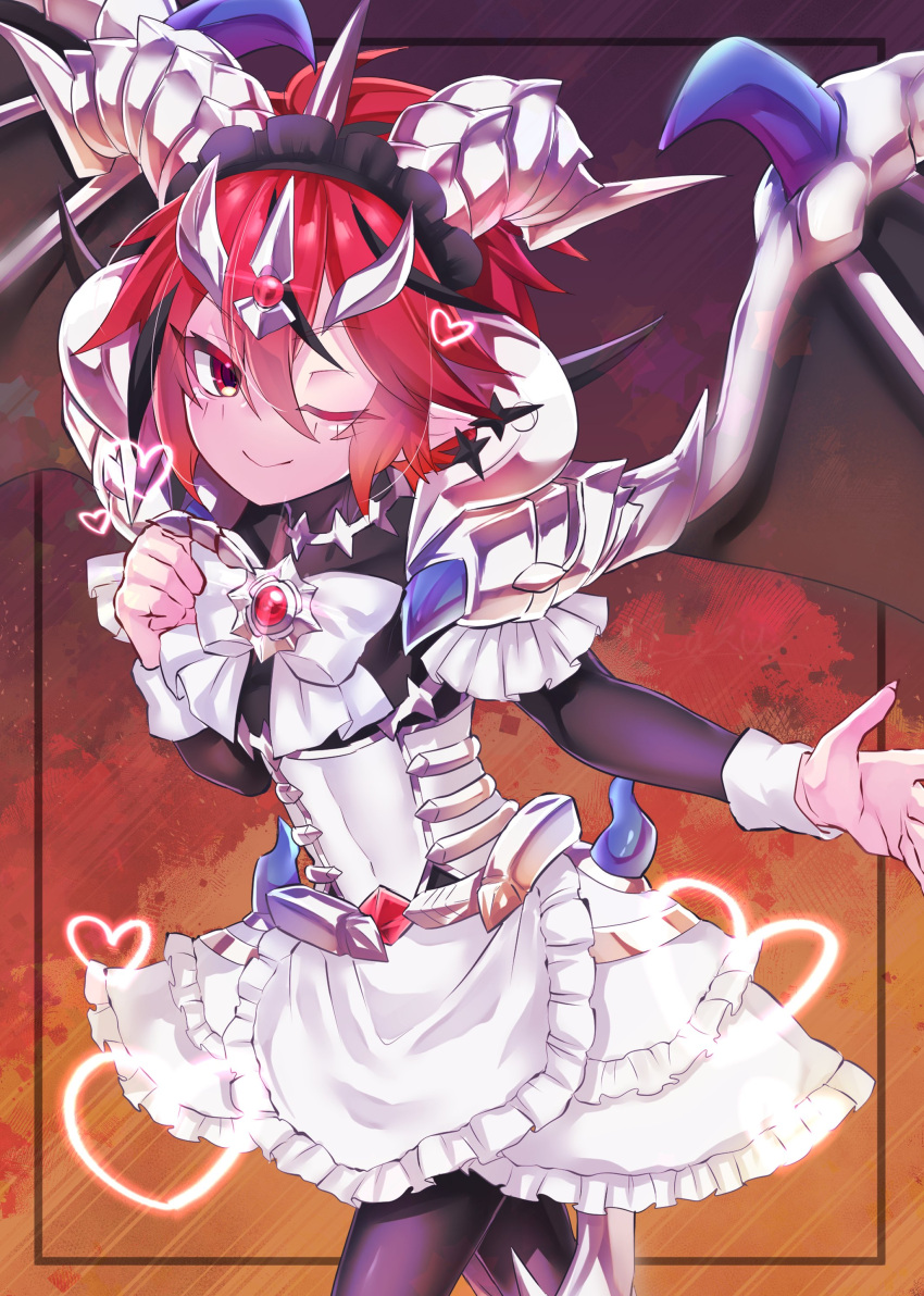 &lt;3 absurd_res aluber_(yugioh) ambiguous_gender animal_humanoid bow_ribbon clothed clothing crossdressing dragon dragon_humanoid dress duel_monster frilly frilly_clothing frilly_dress hair head_gem hi_res horn horned_humanoid humanoid humanoid_pointy_ears jewelry lazulite_b looking_at_viewer lubellion_the_searing_dragon maid_headdress maid_uniform male_(lore) one_eye_closed red_hair simple_background smile solo spiked_wings spikes uniform winged_humanoid wings wink yu-gi-oh!