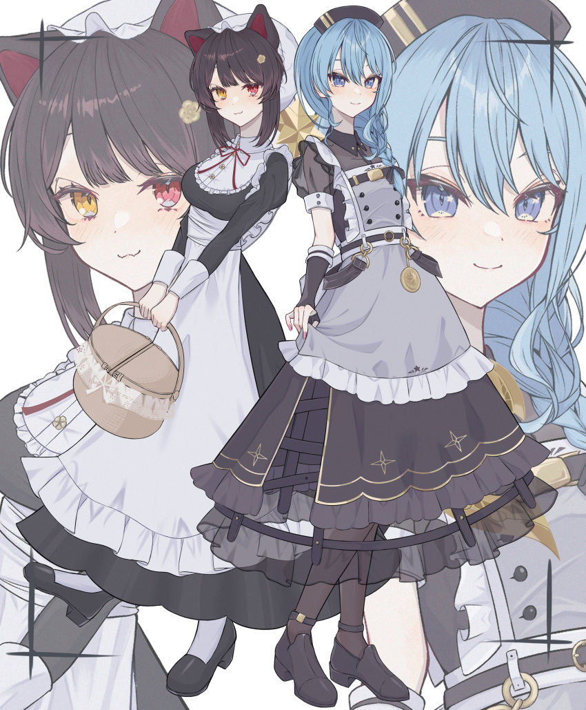 2girls absurdres apron basket black_dress black_footwear black_headwear black_pantyhose blue_eyes blue_hair blush braid brown_hair dress front_braid full_body grey_apron heterochromia highres hololive hoshimachi_suisei inui_toko juliet_sleeves long_dress long_hair long_sleeves multiple_girls nijisanji pantyhose pink_nails puffy_sleeves red_eyes smile swept_bangs white_apron white_headwear yellow_eyes yozakura_nozomu