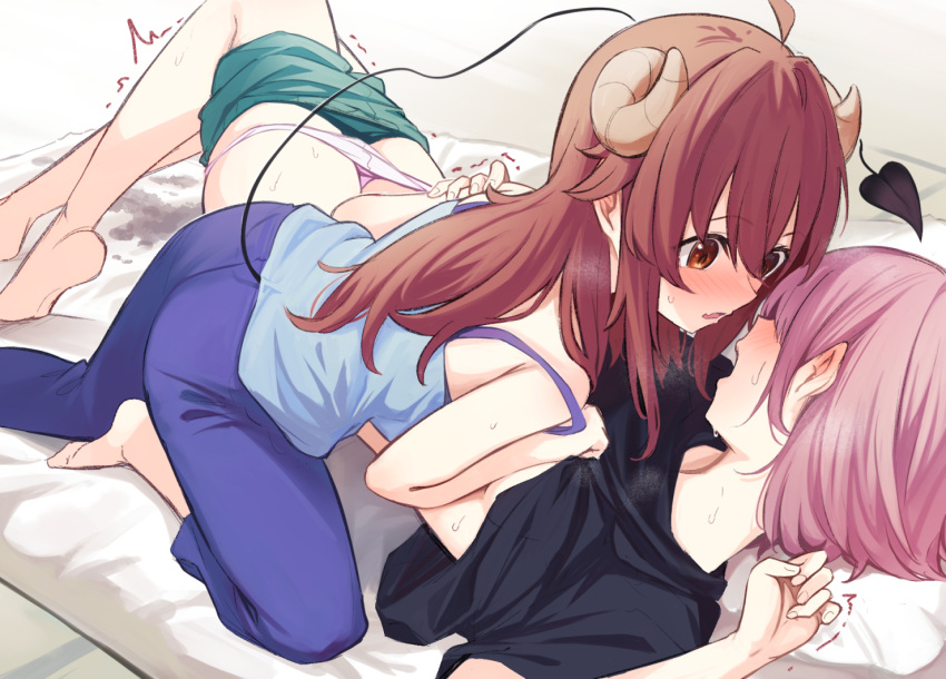 2girls borushichi chiyoda_momo curled_horns demon_girl demon_tail horns long_hair looking_at_another lying machikado_mazoku multiple_girls on_back pink_hair red_hair short_hair tail yoshida_yuuko_(machikado_mazoku) yuri