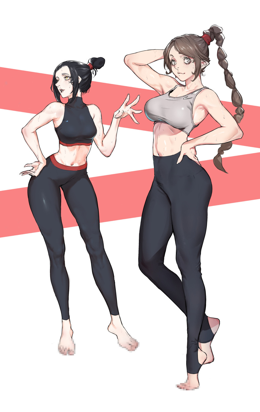 2girls absurdres alternate_costume arm_behind_head avatar:_the_last_airbender avatar_legends azula bare_shoulders barefoot black_hair black_pantyhose black_sports_bra brown_hair censored_feet contemporary grey_eyes grey_sports_bra hair_bun hand_on_own_hip highres long_hair midriff multi-tied_hair multiple_girls navel nemte_namih pantyhose parted_lips shadow smile sports_bra standing ty_lee yellow_eyes