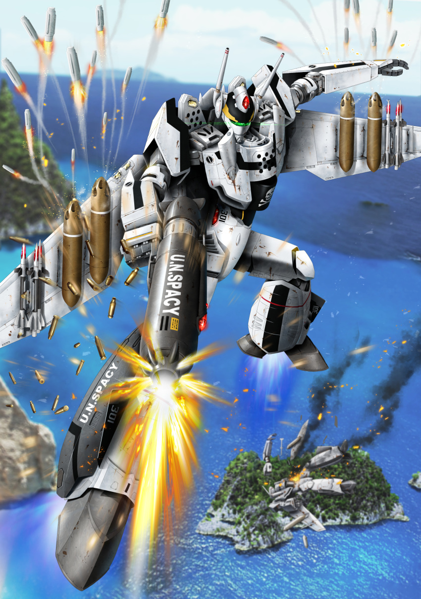 absurdres battle battroid blurry blurry_background energy_cannon firing flying gunpod highres island itano_circus jolly_roger jungle macross macross_zero mecha missile missile_pod nature ocean robot roundel science_fiction shell_casing smoke soichi_nagayuki u.n._spacy variable_fighter vf-0 vf-0a vf-0s wreckage