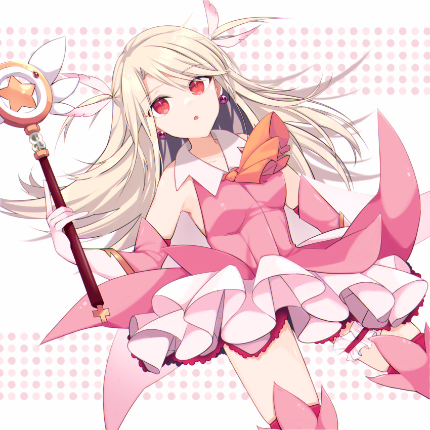 1girl 2176134 :o bare_shoulders earrings fate/kaleid_liner_prisma_illya fate_(series) feather_hair_ornament feathers gloves hair_ornament highres holding holding_wand illyasviel_von_einzbern jewelry red_eyes solo wand