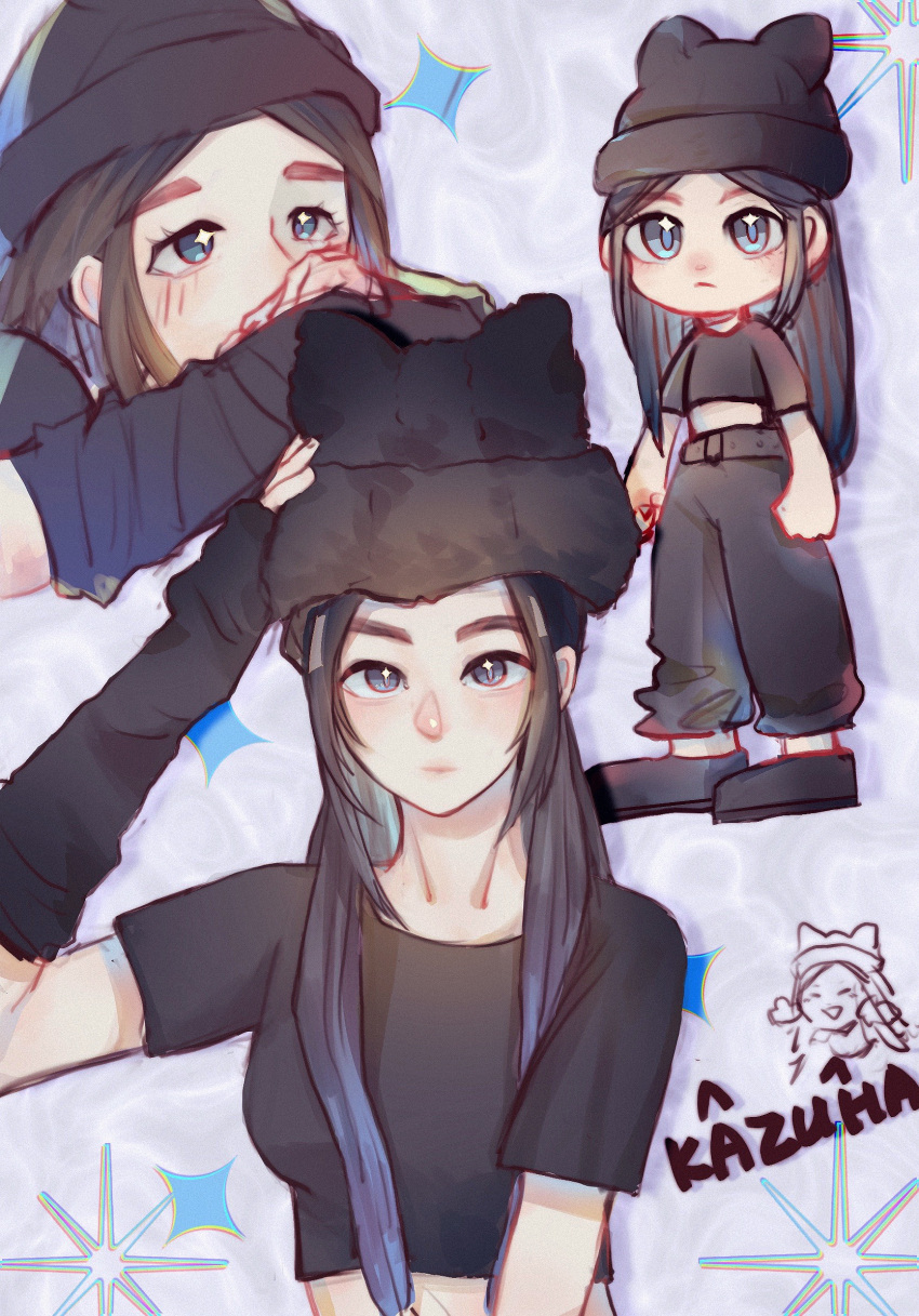 +_+ 1girl animification belt black_belt black_footwear black_gloves black_hair black_headwear black_pants black_shirt blue_eyes blue_hair chibi clenched_hands cropped_shirt elbow_gloves fingerless_gloves gaga_(ishi0) gloves gradient_hair hair_behind_ear highres k-pop le_sserafim long_hair looking_at_viewer looking_up multicolored_hair multiple_views nakamura_kazuha own_hands_together pants real_life shirt sparkle very_long_hair