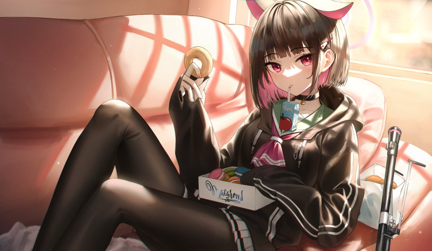 1girl animal_ears black_hair blue_archive blue_jacket bob_cut brown_pantyhose cat_ears choker doughnut drink drinking_straw fang feet flippy_(cripine111) food hair_ornament hairclip halo highres holding holding_food hood hooded_jacket jacket jewelry kazusa_(blue_archive) looking_at_viewer multicolored_hair pantyhose pink_hair red_eyes school_uniform short_hair sidelocks sitting skirt solo white_skirt