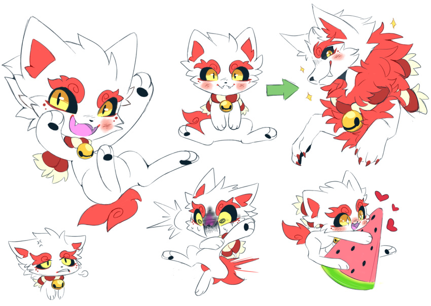 asian_mythology bell bell_collar black_sclera blush blush_lines canid canine claws collar east_asian_mythology feral foo_dog food fruit fur hi_res kemono leslichu male mammal melon mythology plant shishi_dog simple_background solo tail watermelon watermelon_slice white_background white_body white_fur yellow_eyes