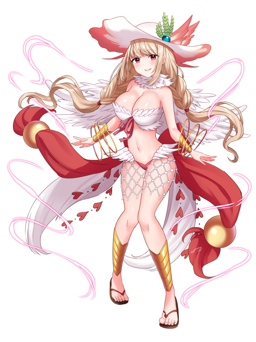 1girl back_bow bangle bikini blonde_hair blush borzoi bow bracelet bracer braid breasts brown_footwear cleavage commentary_request commission feathered_wings full_body hat heart highres jewelry large_bow large_breasts leaf_hat_ornament long_hair looking_at_viewer medium_bangs mio1030 mismatched_bikini navel open_mouth pigeon-toed pink_headwear ragnarok_online red_bikini red_bow red_eyes sandals shiny_skin simple_background skeb_commission smile solo sun_hat swimsuit twin_braids very_long_hair wanderer_(ragnarok_online) white_background white_bikini white_headwear white_wings wings