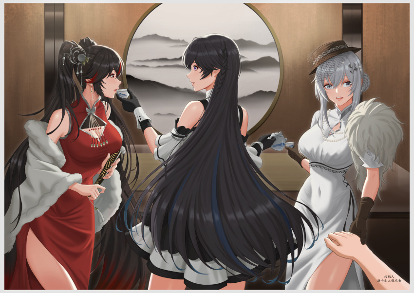 1boy 3girls absurdres black_gloves black_hair blue_hair braid breasts choko_(cup) cleavage_cutout clothing_cutout coat commandant_(punishing:_gray_raven) commentary_request cup detached_sleeves dress folding_fan fur-trimmed_coat fur_trim gloves grey_eyes grey_hair hair_ornament hand_fan highres holding holding_cup holding_fan holding_hands jewelry large_breasts liv_(punishing:_gray_raven) long_hair lucia_(punishing:_gray_raven) medium_breasts multicolored_hair multiple_girls open_mouth punishing:_gray_raven purple_eyes red_dress red_eyes red_hair selena_(punishing:_gray_raven) short_hair_with_long_locks short_sleeves skaven_gongcheng_shushi streaked_hair teacup teeth twintails upper_teeth_only white_coat white_dress x_hair_ornament