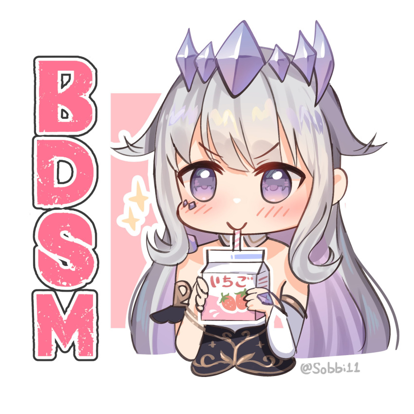 1girl acronym blush chibi detached_collar drinking gem_hair_ornament gradient_hair grey_hair highres hololive hololive_english koseki_bijou long_hair milk_carton multicolored_hair purple_eyes purple_hair sidelocks simple_background sobbi11 solo sparkle strawberry_milk tiara twitter_username upper_body virtual_youtuber white_background