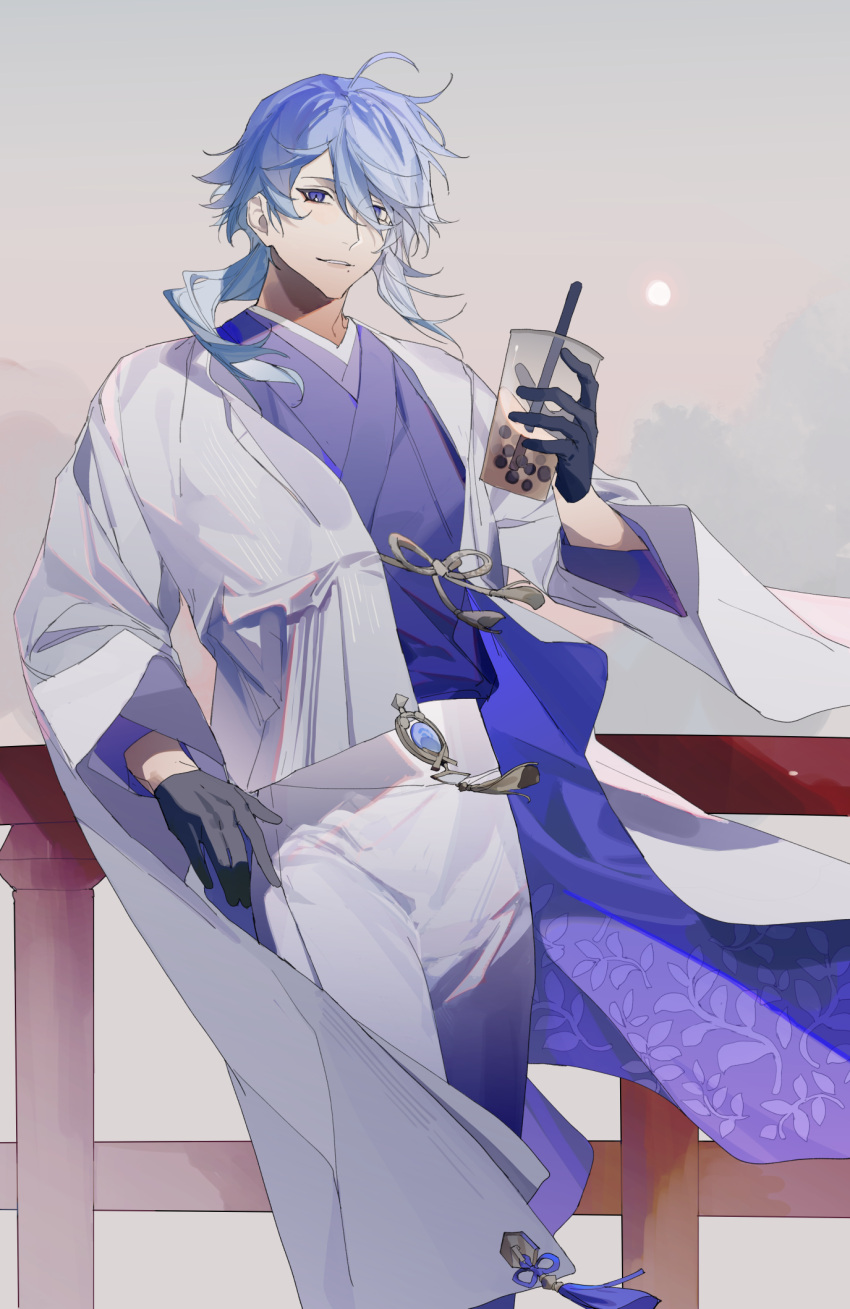 1boy agemaki_knot ahoge alternate_costume asymmetrical_hair black_gloves blue_hair bridge bubble_tea chinese_knot cowboy_shot cup disposable_cup drink drinking_straw elbow_rest floral_print genshin_impact gloves gold_tassel hand_up high-waist_pants highres holding holding_cup holding_drink jacket japanese_clothes kamisato_ayato kiwo20000 leaning_on_object long_sleeves looking_at_viewer male_focus medium_hair mole mole_under_mouth outdoors pants parted_lips purple_eyes purple_shirt purple_tassel shirt shirt_tucked_in smile solo standing sun tassel two-sided_fabric two-sided_jacket vision_(genshin_impact) white_jacket white_pants wide_sleeves wind wooden_bridge
