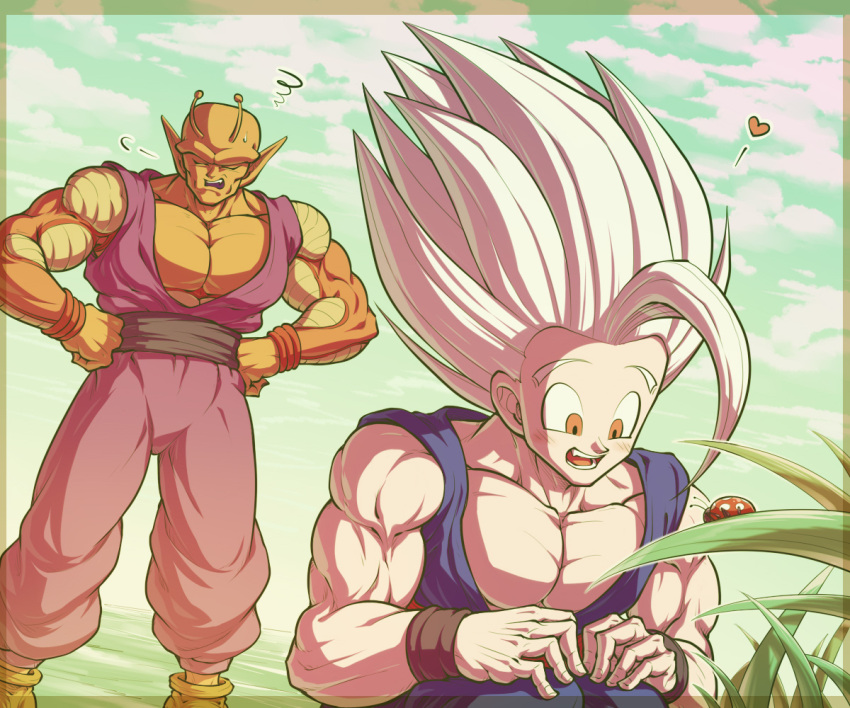 2boys :d =3 antennae bare_shoulders biceps black_sash black_wristband blue_sky blush border bug closed_eyes cloud cloudy_sky collarbone colored_skin commentary_request day dougi dragon_ball dragon_ball_super dragon_ball_super_super_hero fang gohan_beast hands_on_own_hips hands_up heart koukyouji ladybug large_pectorals male_focus multiple_boys muscular muscular_male namekian open_mouth orange_piccolo orange_skin outdoors pectorals piccolo plant pointy_ears red_eyes red_sash round_teeth sash sky smile son_gohan spiked_hair squatting squiggle standing sweatdrop teeth tongue transparent_border upper_teeth_only white_hair wristband