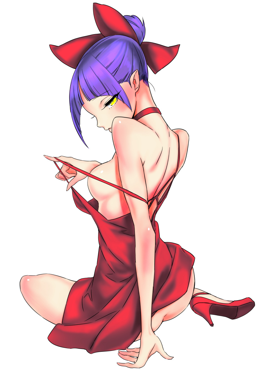 1girl ass back bare_shoulders bow breasts cat_girl choker dress fetishist gegege_no_kitarou hair_bow hair_bun high_heels highres looking_at_viewer looking_back medium_breasts nekomusume nekomusume_(gegege_no_kitarou_6) no_panties pointy_ears purple_hair red_bow red_choker red_dress red_footwear short_hair simple_background single_hair_bun sitting sleeveless sleeveless_dress solo strap_pull white_background yellow_eyes