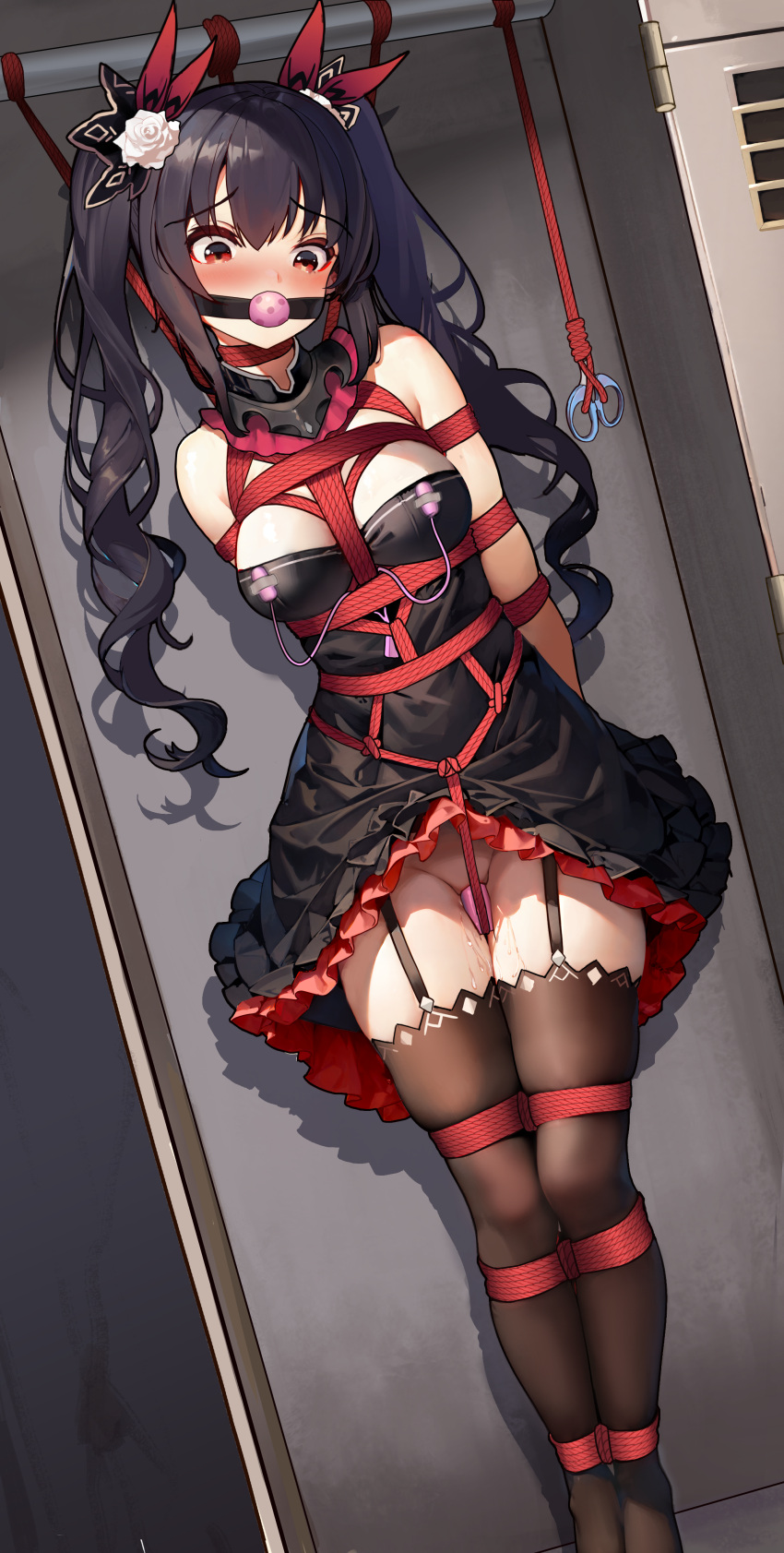 1girl absurdres arms_behind_back ball_gag bare_shoulders bdsm black_dress black_hair black_thighhighs bondage bound breasts cleavage commission dress flower four_goddesses_online:_cyber_dimension_neptune frills gag hair_flower hair_ornament hair_ribbon highres layered_dress long_hair looking_at_viewer medium_breasts mirrorya neptune_(series) noire_(neptune_series) object_insertion predicament_bondage red_eyes red_ribbon restrained ribbon rose scissors sex_toy shibari skindentation solo strapless strapless_dress thighhighs third-party_source twintails vaginal vaginal_object_insertion