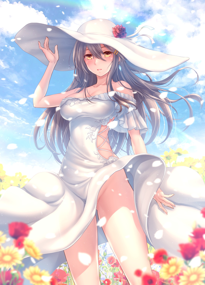 1girl absurdres bare_shoulders black_hair blue_sky breasts brown_eyes cleavage cloud commentary_request cosplay day dress fletcher_(kancolle) fletcher_(kancolle)_(cosplay) flower frilled_dress frills hair_ornament hairclip haruna_(kancolle) hat hat_flower highres kantai_collection large_breasts long_hair no_panties off-shoulder_dress off_shoulder outdoors petals red_flower ryu-akt sky solo sun_hat white_dress white_headwear yellow_flower