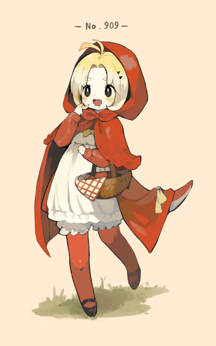 1girl absurdres antenna_hair apple basket black_eyes black_footwear blonde_hair bloomers bright_pupils cape capelet commentary dress drooling fangs food fruit fuecoco grass hand_up highres holding holding_basket long_sleeves multicolored_hair pantyhose personification pointing pointing_at_self pokemon red_apple red_cape red_capelet red_hood red_pantyhose sakutake_(ue3sayu) saliva short_eyebrows short_hair solo tail two-tone_hair underwear white_dress white_pupils