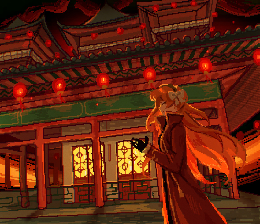 1girl architecture black_gloves bow closed_mouth coat column cowboy_shot door east_asian_architecture fkrnnmr gloves gold_trim hair_bow highres ishmael_(limbus_company) lantern limbus_company long_hair long_sleeves looking_at_viewer orange_hair paper_lantern pillar pixel_art project_moon red_coat smile solo tassel very_long_hair white_bow window