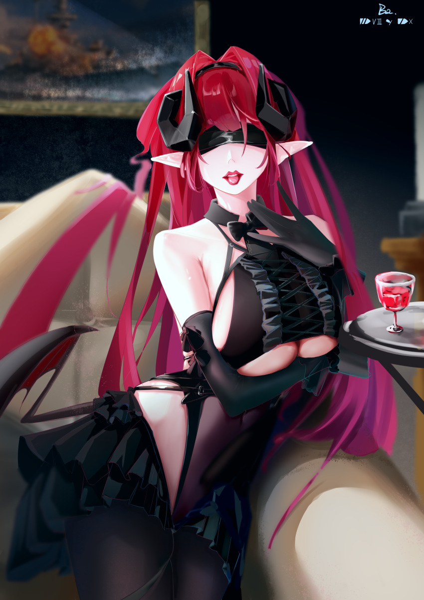 1girl absurdly_long_hair absurdres arms_under_breasts azur_lane b2403a bare_shoulders black_blindfold black_gloves black_headband black_horns black_pantyhose black_skirt blindfold breasts center_cross_lace center_frills chinese_commentary clothing_cutout commentary cowboy_shot curled_horns demon_girl demon_horns demon_wings elbow_gloves frilled_gloves frills gloves headband highres hindenburg_(azur_lane) horns lipstick long_hair looking_at_viewer makeup miniskirt painting_(object) pantyhose pointy_ears red_hair red_lips see-through skirt solo underboob underboob_cutout very_long_hair wings world_of_warships