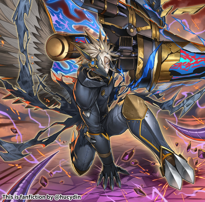 1boy arm_support armor bird_boy black_bodysuit bodysuit commentary duel_monster feathered_wings half_mask highres holding holding_weapon hucydin looking_at_viewer male_focus mask on_one_knee plague_doctor_mask single_wing spiked_hair tri-brigade_arms_bucephalus_ii tri-brigade_shuraig_the_ominous_omen twitter_username weapon white_hair wings yu-gi-oh!