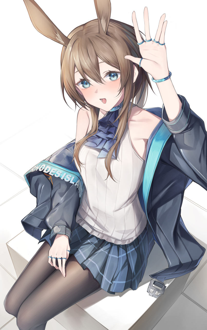 1girl absurdres amiya_(arknights) animal_ears arknights ascot black_jacket black_pantyhose blue_ascot blue_bracelet blue_collar blue_eyes blue_skirt blush bracelet brown_hair collar cube extra_ears hair_between_eyes hand_up highres jacket jewelry long_hair long_sleeves looking_at_viewer multiple_rings neck_ring off_shoulder open_clothes open_jacket open_mouth pantyhose plaid plaid_skirt pleated_skirt r_oot rabbit_ears rabbit_girl ribbed_shirt ring shirt sidelocks simple_background sitting skirt sleeveless sleeveless_shirt solo thumb_ring white_background white_shirt