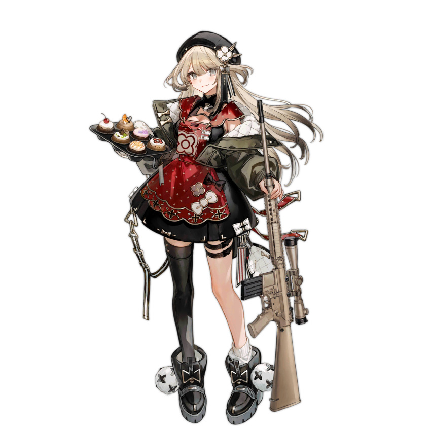 1girl apron beret black_dress black_footwear black_hair black_headwear black_thighhighs blonde_hair blush boots bow bowtie breasts chocoan cleavage closed_mouth colored_tips cupcake dress food full_body girls'_frontline gradient_hair green_jacket grey_eyes gun hat highres holding holding_gun holding_weapon jacket long_hair long_sleeves looking_at_viewer m110_(girls'_frontline) m110_sass multicolored_hair off_shoulder official_art open_clothes open_jacket oven_mitts platform_boots platform_footwear pom_pom_(clothes) red_apron rifle scope simple_background single_sock single_thighhigh sleeveless sleeveless_dress smile snap-fit_buckle sniper_rifle socks solo standing thigh_strap thighhighs third-party_source transparent_background unworn_mittens weapon white_socks