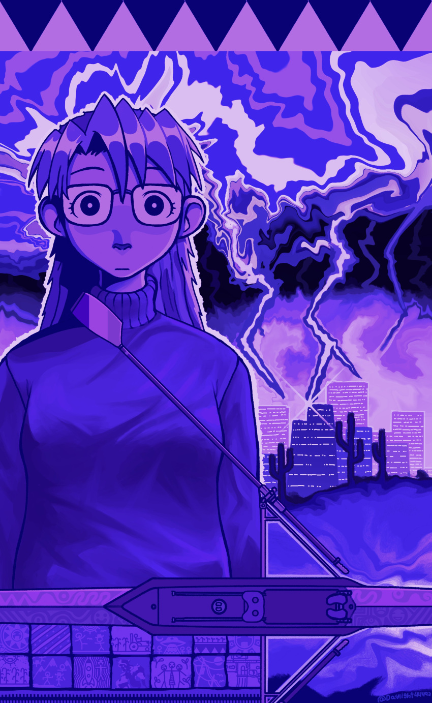 1girl absurdres building cactus city closed_mouth cloud daylight44492 glasses highres lightning long_hair looking_at_viewer original purple_theme solo sweater turtleneck turtleneck_sweater