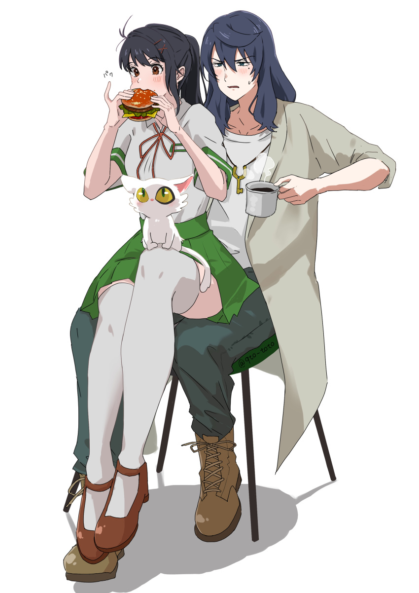 1boy 1girl absurdres age_difference ahoge animal_on_lap annoyed artist_name biting black_hair black_pants blue_eyes blush breast_pocket breasts brown_eyes brown_footwear burger cat cat_on_lap chair coffee coffee_mug collarbone colored_sclera commentary cup daijin_(suzume) dress_shirt drink eating food full_body green_eyes green_jacket green_skirt hair_between_eyes hair_ornament hair_strand hairclip highres holding holding_cup holding_drink holding_food iwato_suzume jacket jewelry key key_necklace knee_up long_hair looking_ahead looking_at_another looking_up mary_janes medium_breasts messy_hair mug munakata_souta narrowed_eyes necklace on_chair on_lap pants parted_lips pinky_out pleated_skirt pocket ponytail qto_toto red_ribbon ribbon school_uniform sesame_seeds shadow shirt shoes short_sleeves signature single_sidelock sitting sitting_on_lap sitting_on_person skirt sleeves_rolled_up slit_pupils steam suzume_no_tojimari sweatdrop t-shirt thighhighs translated twitter_username white_cat white_shirt white_thighhighs work_boots yellow_sclera