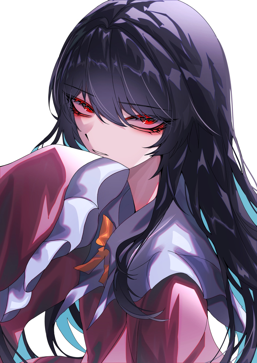 1girl 33_gaff absurdres black_hair blouse blue_hair colored_eyelashes colored_inner_hair commission expressionless eyes_visible_through_hair hair_between_eyes hand_to_own_mouth hand_up highres houraisan_kaguya long_hair looking_at_viewer multicolored_hair neck_ribbon orange_ribbon parted_lips pink_shirt red_eyes ribbon shirt simple_background skeb_commission sleeves_past_fingers sleeves_past_wrists solo touhou upper_body white_background